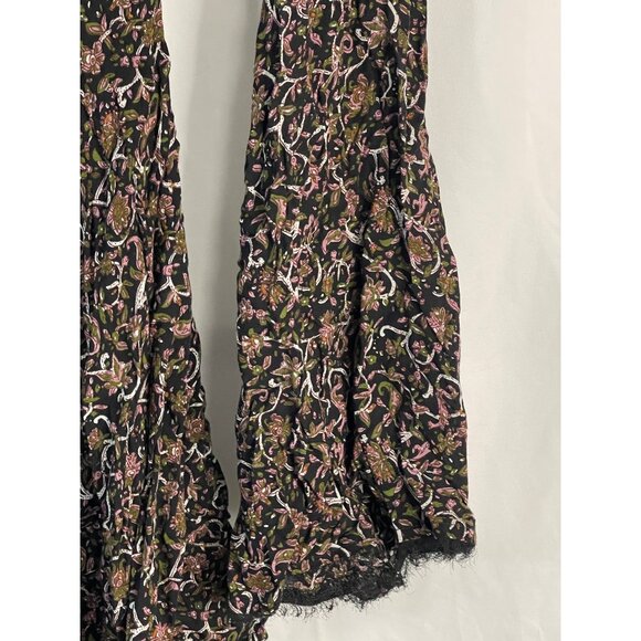 ecote long sleeve shirt blouse boho fringe floral black brown sheer tie READ - Picture 2 of 7